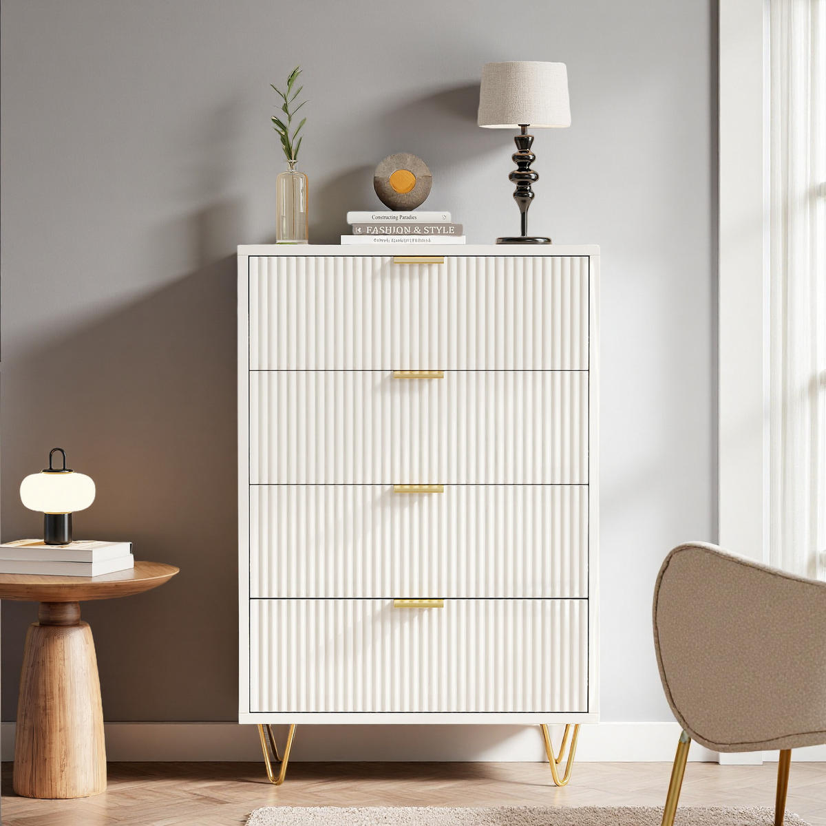 KOMMODE WEIß 4 Schubladen Wellenfront Goldgriffe - Weiß, Holzwerkstoff (34/91/60cm) - SHOPENTRA