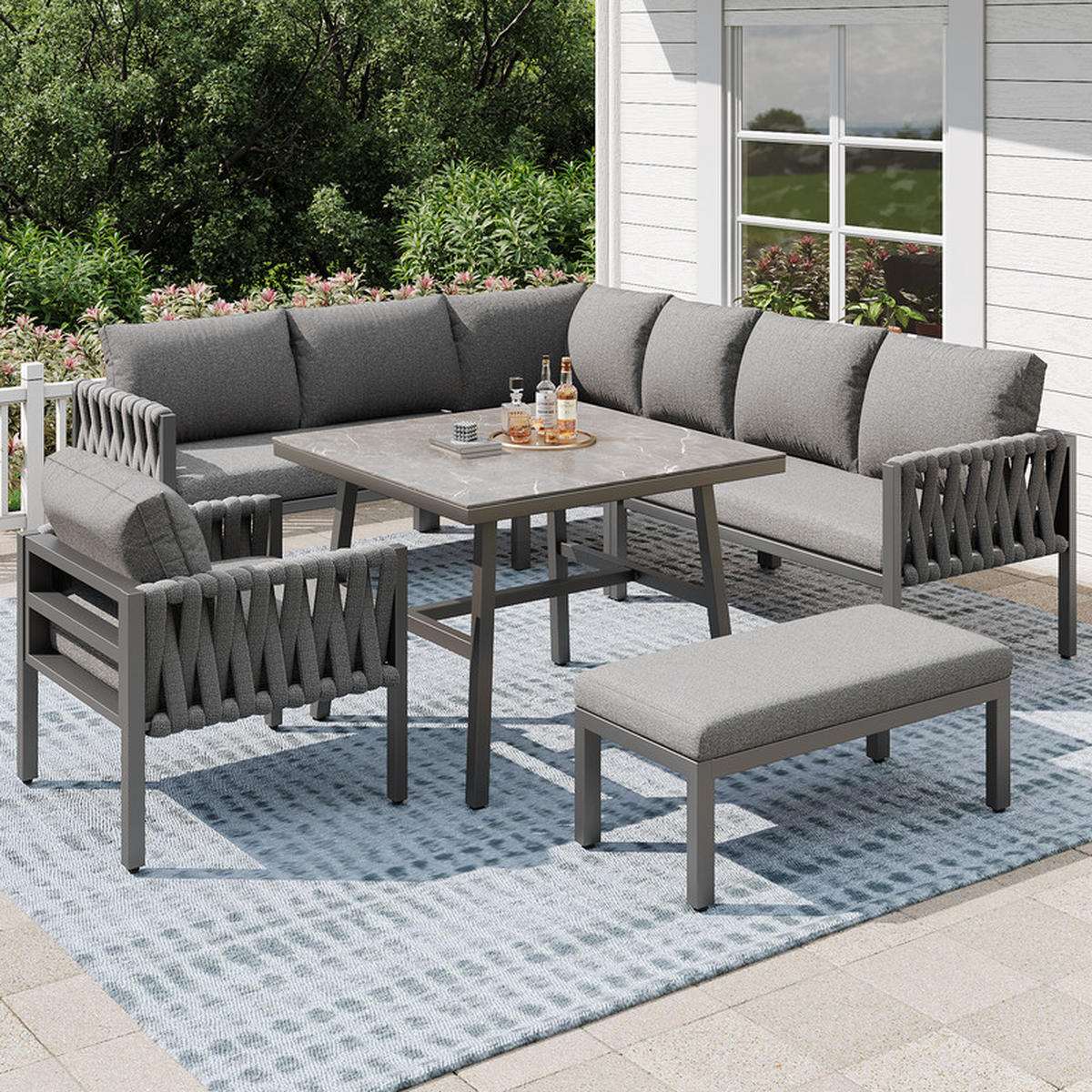 GARTENLOUNGE-SET GRAU mit Seilgeflecht verstellbaren Beinen und Glastisch inkl. Kissen - Grau, Textil - BLACKCUP
