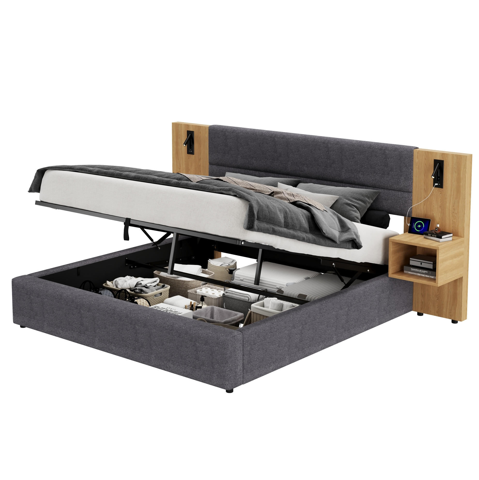 POLSTERBETT 180/200 cm aus Samt mit USB, Beleuchtung, Stauraum und 2 Nachttischen Grau/Natur - Grau, Textil (180/200cm) - Modenvie