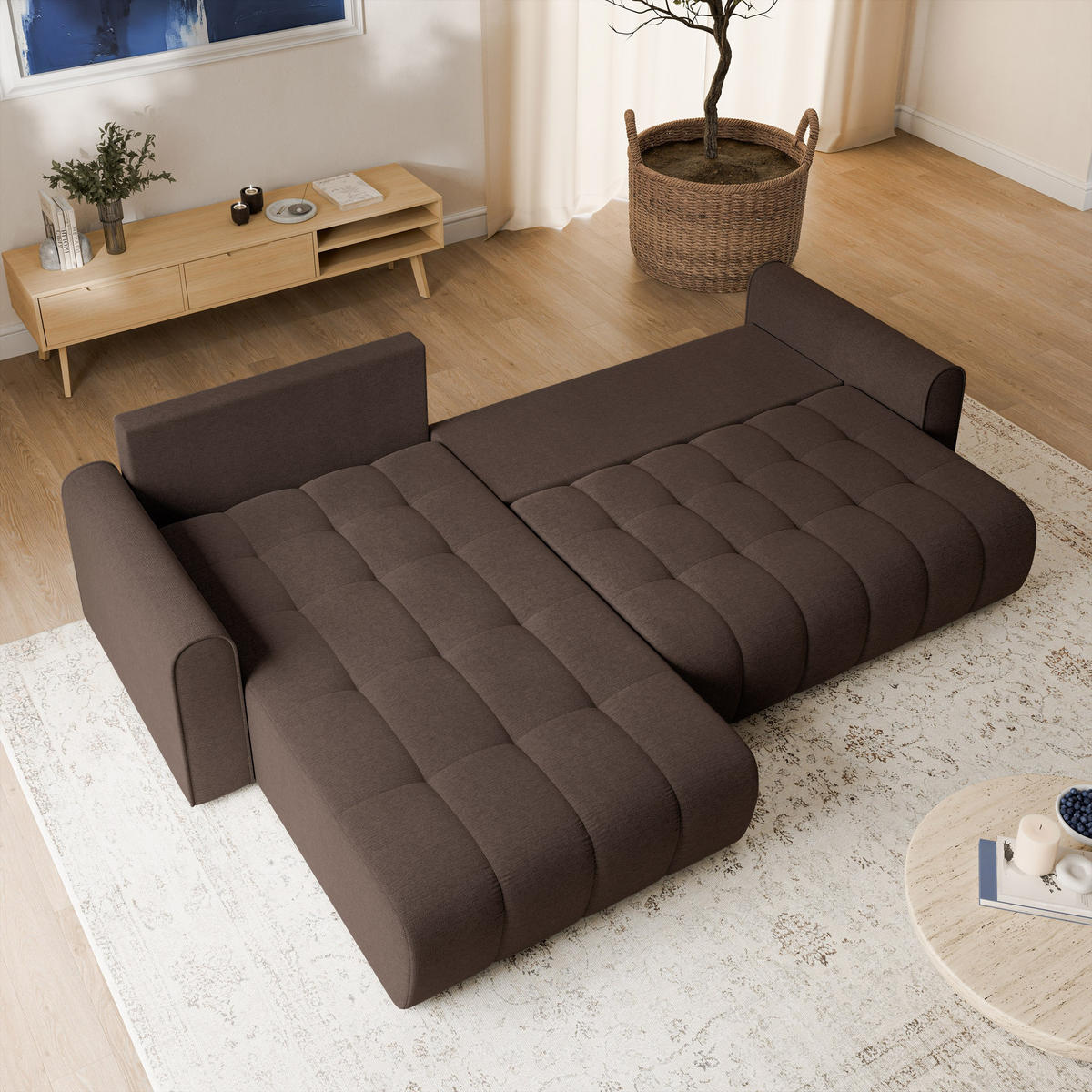 ECKSOFA FRIGA Braun Strukturstoff mit Schlaffunktion - Braun, Holz (283/185cm) - MASSENO
