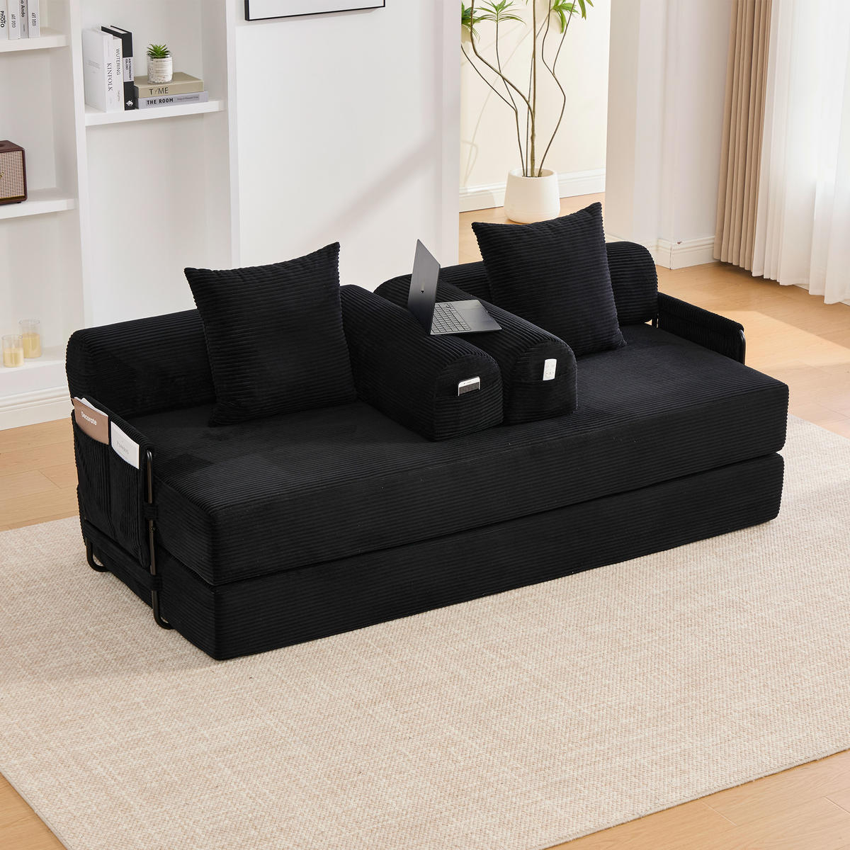 SCHLAFSOFA 3-Sitzer Corduroy Schwarz modular mit Seitentaschen und 3 Kissen, kompressionsverpackt - Schwarz, Textil (94/7/200cm) - Luhomfu