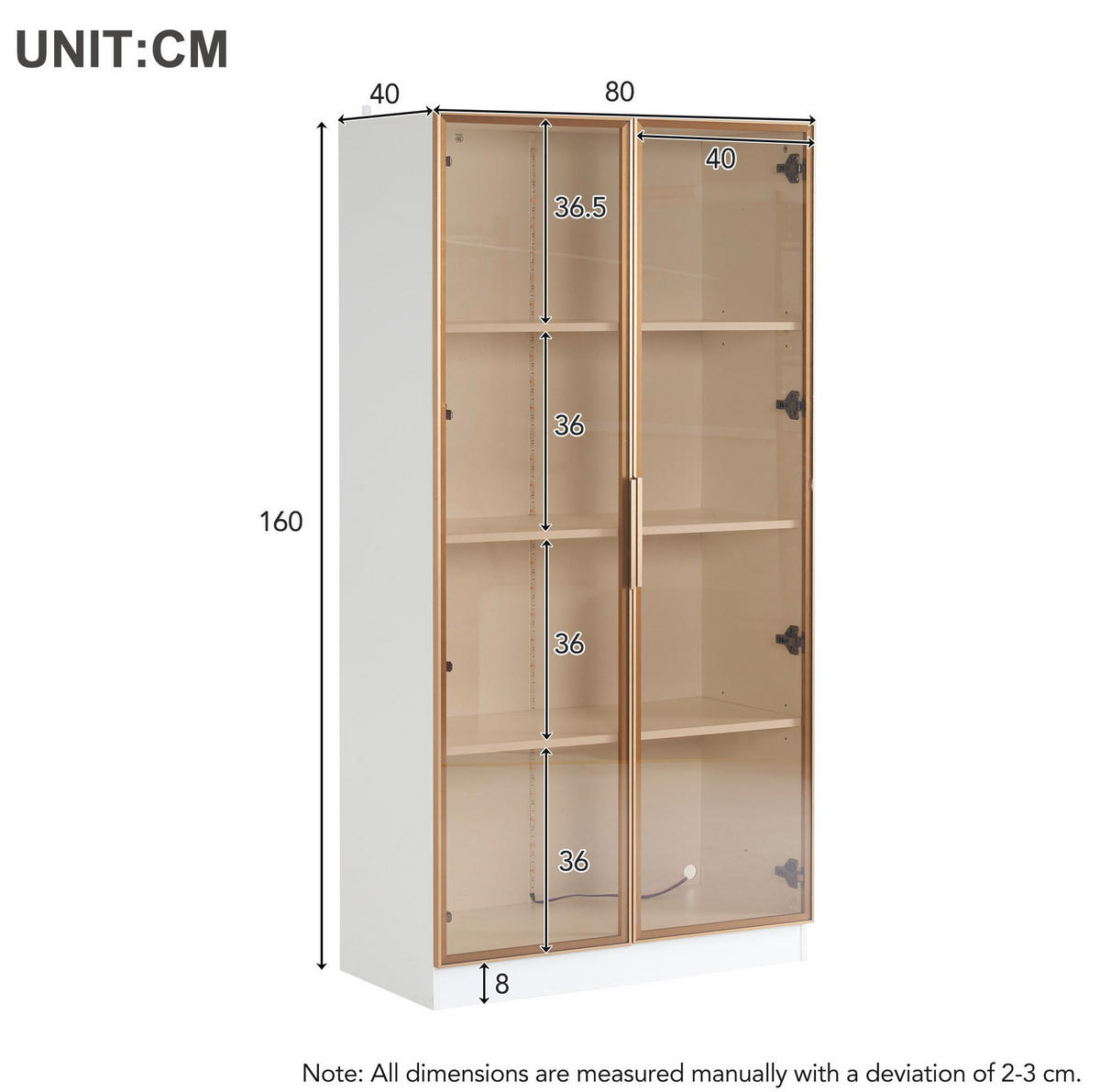 GLASVITRINE aus Spanplatte 80x40x160 cm Weiß mit braunen Glastüren, LED-Beleuchtung und verstellbaren Einlegeböden - Weiß, Holzwerkstoff (80/160/40cm) - IVMEU