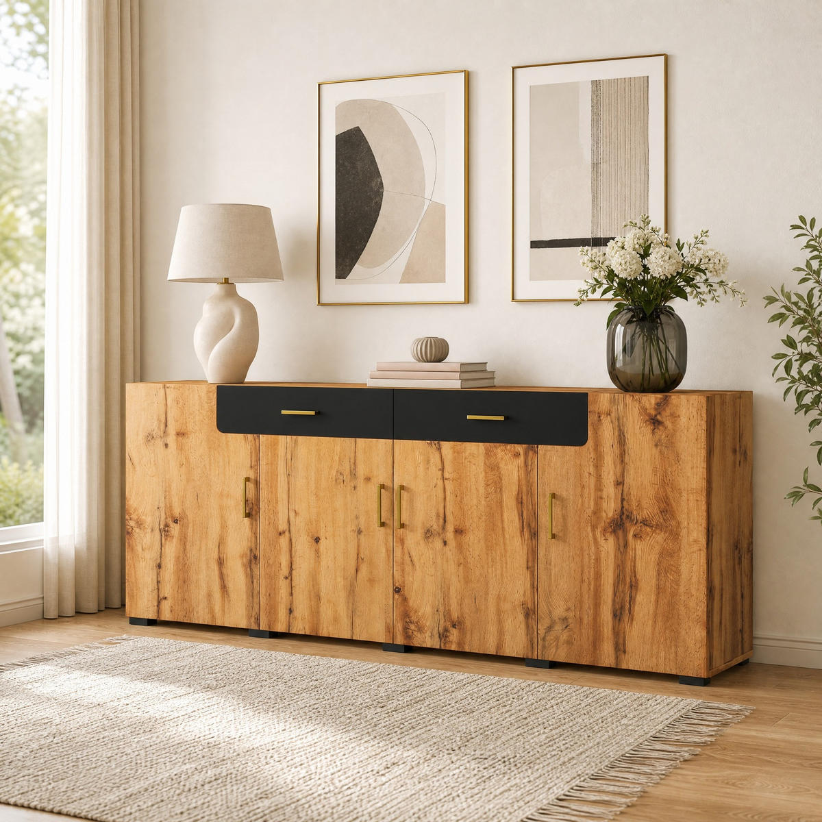 KREDENCA s 2 zásuvkami & 4 priehradkami, MDF dekor dreva, stabilné drevené nohy, rustikálny dizajn - črna/rjava, umetna masa/leseni material (208/80/39.5cm) - EVRYAE