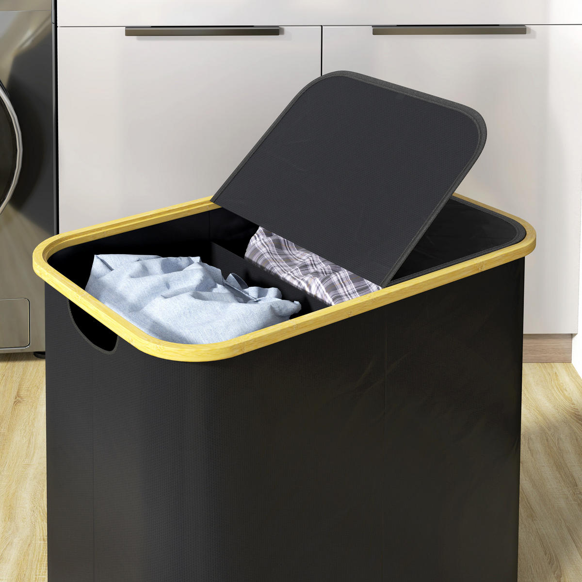 WÄSCHEKORB DE-18806 2 Fächer, 80L mit Deckel & klappbar Schwarz - Weiß, Textil (54/58.5/34cm) - ComfortXL