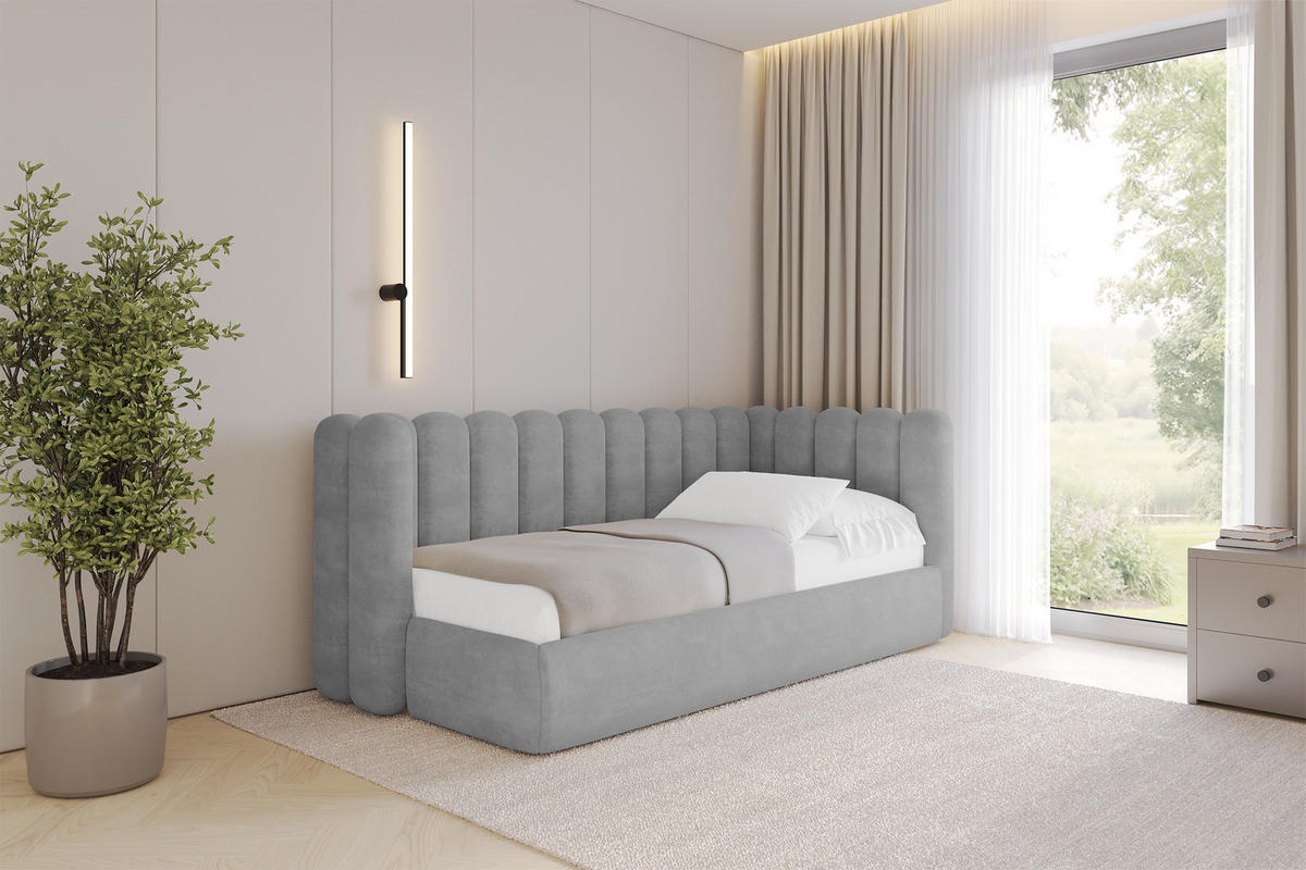 EINZELLBETT Jugendbett mit Bettkasten und Matratze H3/H4, Links - HUGY 100x200 Grau - Hellgrau, Holzwerkstoff/Textil (100/200cm) - ALTDECOR