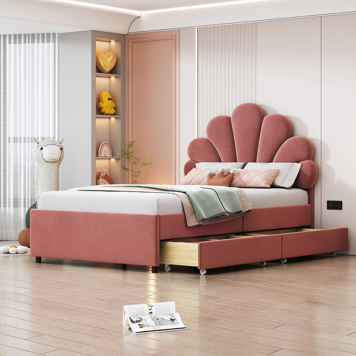 POLSTERBETT 90/200 cm Bohnenrot aus Samt mit 2 Schubladen - Dunkelrosa, Textil (90/200cm) - OKWISH