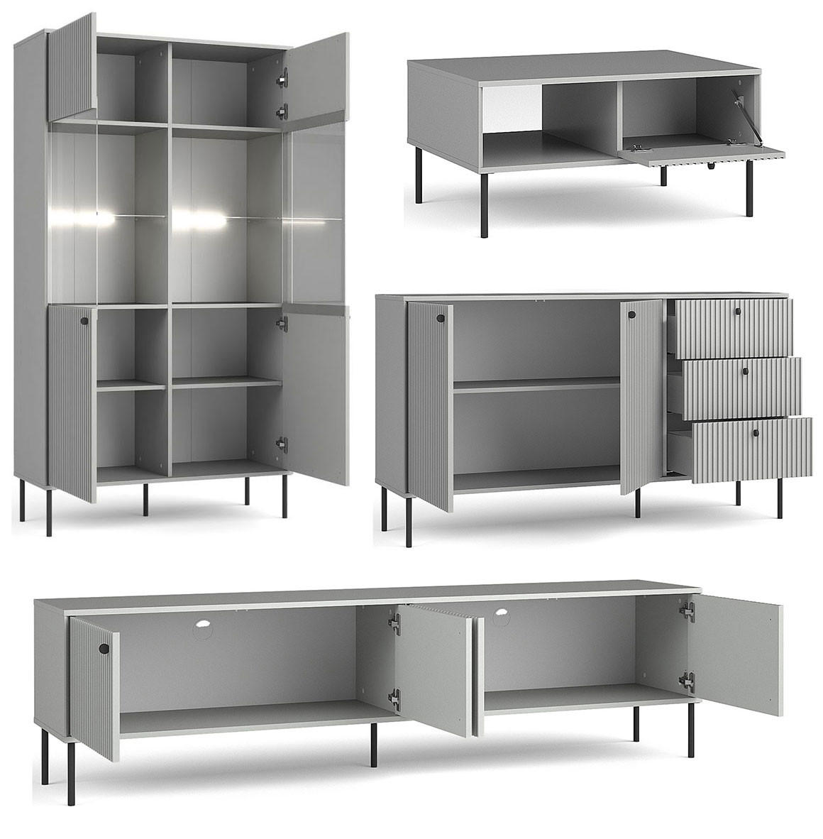 Thumbnail - Feldmann-Wohnen Wohnzimmer-Set, Grau, Schwarz, Metall, 13 Fächer, 3 Schubladen, Rechteckig,Rechteckig, 469x192x66 cm, Wo...