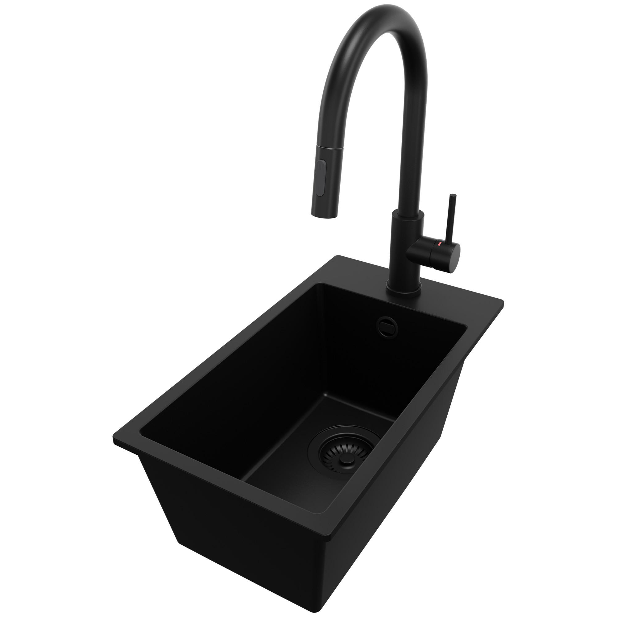 GRANITSPÜLE Riga, 2-er set Alles Schwarz 28/50 cm 1 Becken + Küchenarmatur 40/20 cm + Ablauf-Set ab 30er Unterschrank - Schwarz, Kunststoff (28/20/50cm) - Primagran