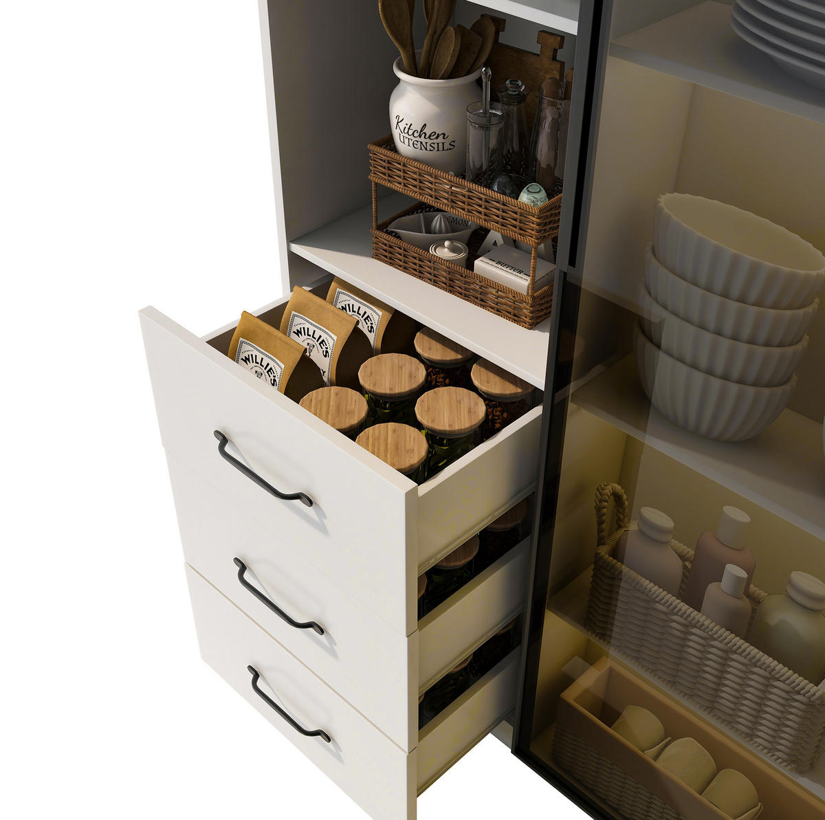 HIGHBOARD mit Glastür 80/40/160 cm – mit LED-Beleuchtung und 3 Schubladen - Weiß, Holzwerkstoff (80/160/40cm) - BEAOK