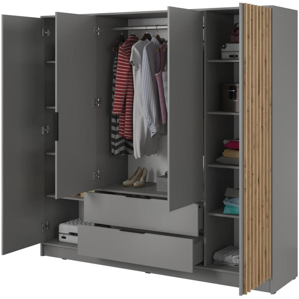 DREHTÜRENSCHRANK Kelly 206/200/51 4-türig grau - Schwarz/Grau, Holzwerkstoff/Kunststoff (206/200/51cm) - Beautysofa