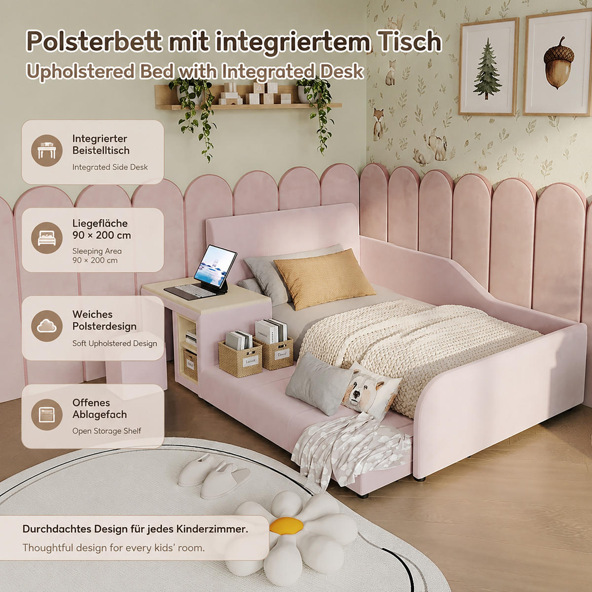POLSTERBETT 90/200 cm in Pink mit Schreibtisch, Hocker und Ablageboden aus Samt - Rosa, Holzwerkstoff/Textil (90/200cm) - STILVORA