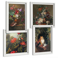 BILDER SET 4er Set - 50x50 cm & 40x60 cm Weißer Rahmen - Vintage-Blumen, Katzen, Pflanzen - Weiß, Kunststoff (50/50cm) - TULUP