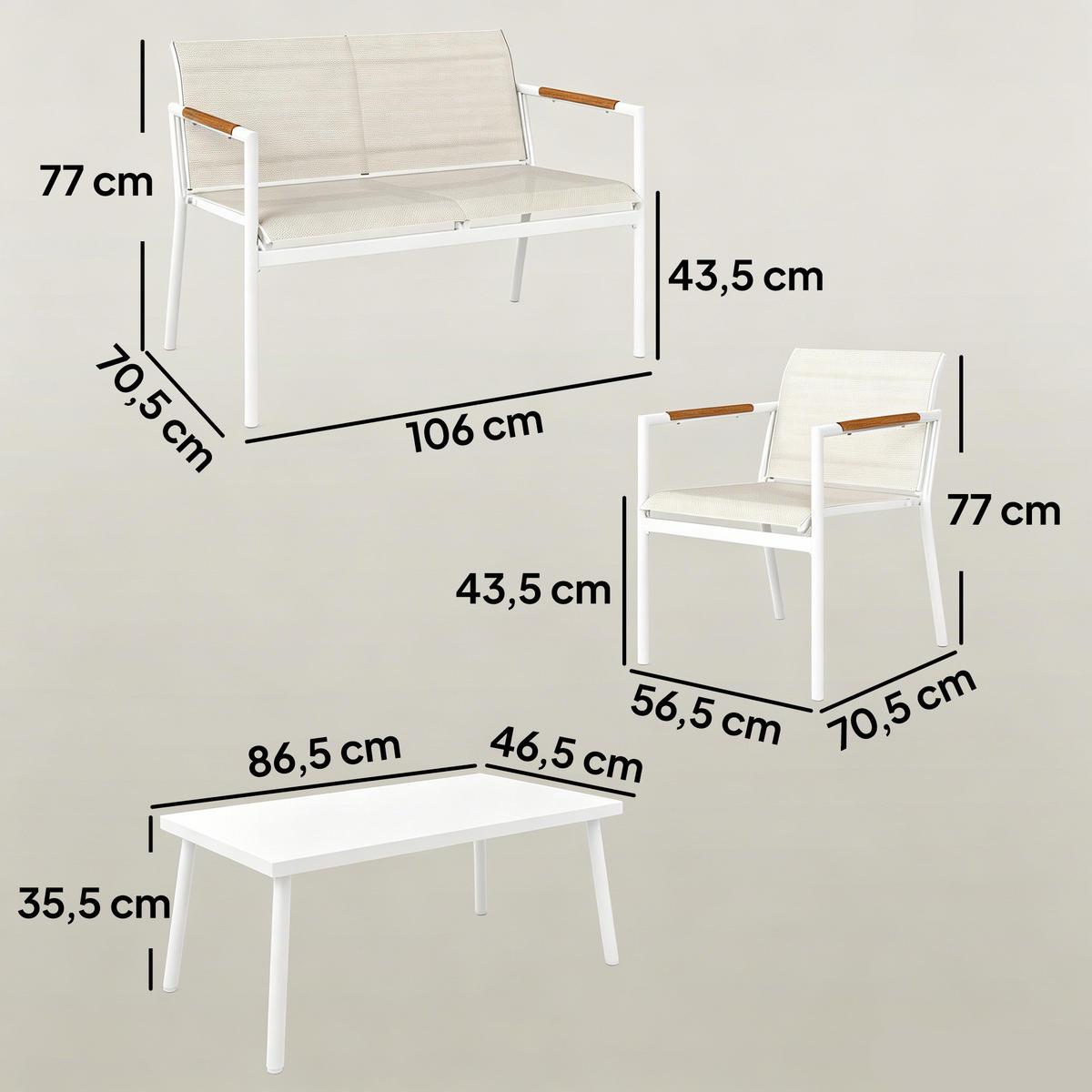 BALKONOVÝ nábytek 4DÍLNÁ SADA z kovu a síťoviny, krémově bílá - bílá/krémová, kov/textil - Outsunny
