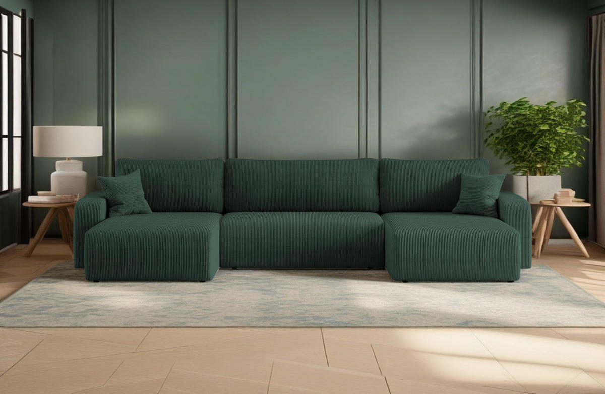 ECKSOFA U-Form Mit Schlaffunktion Und Bettkasten MILANO Dicker Cord Grün - Grün, Holz/Textil (312/145cm) - Kaiser Möbel