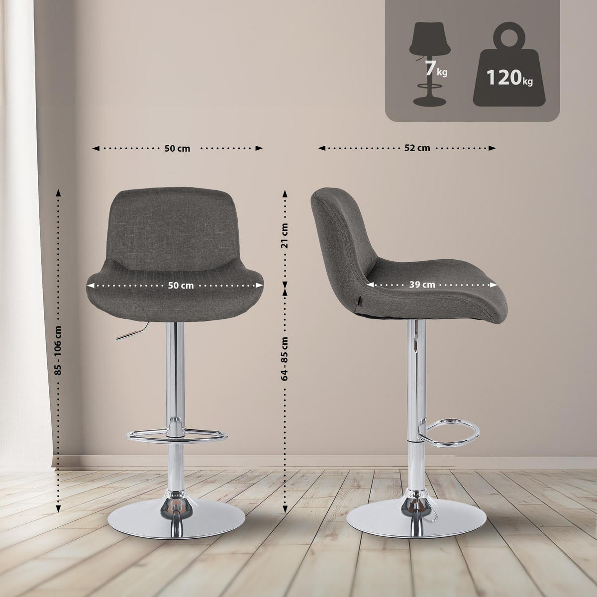 BARHOCKER 2er Set Salomon Chrom Stoff dunkelgrau - Chromfarben/Dunkelgrau, Textil/Metall (50/106/52cm) - TPFLiving