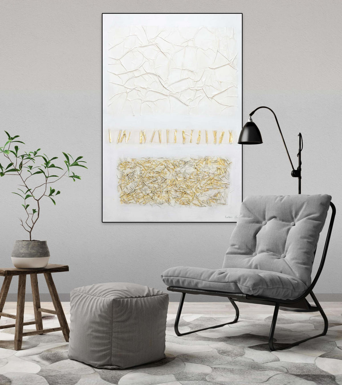 ACRYLBILD HANDGEMALT 80/120 cm - Goldfarben/Weiß, Holz/Textil (80/120cm) - KUNSTLOFT