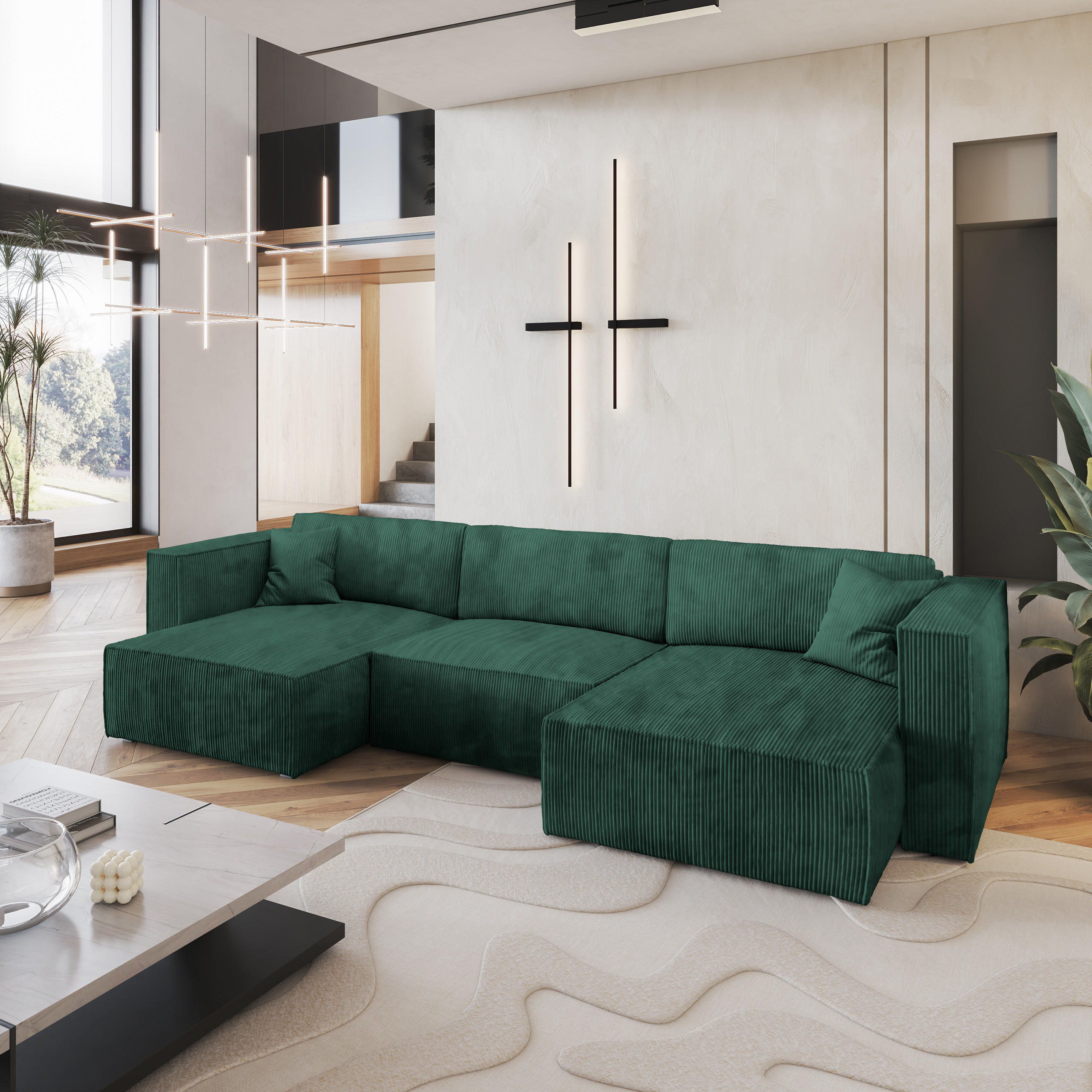 WOHNLANDSCHAFT SARMO P Grün Kordstoff mit Schlaffunktion - Grün, Holz (347/70/148cm) - MASSENO