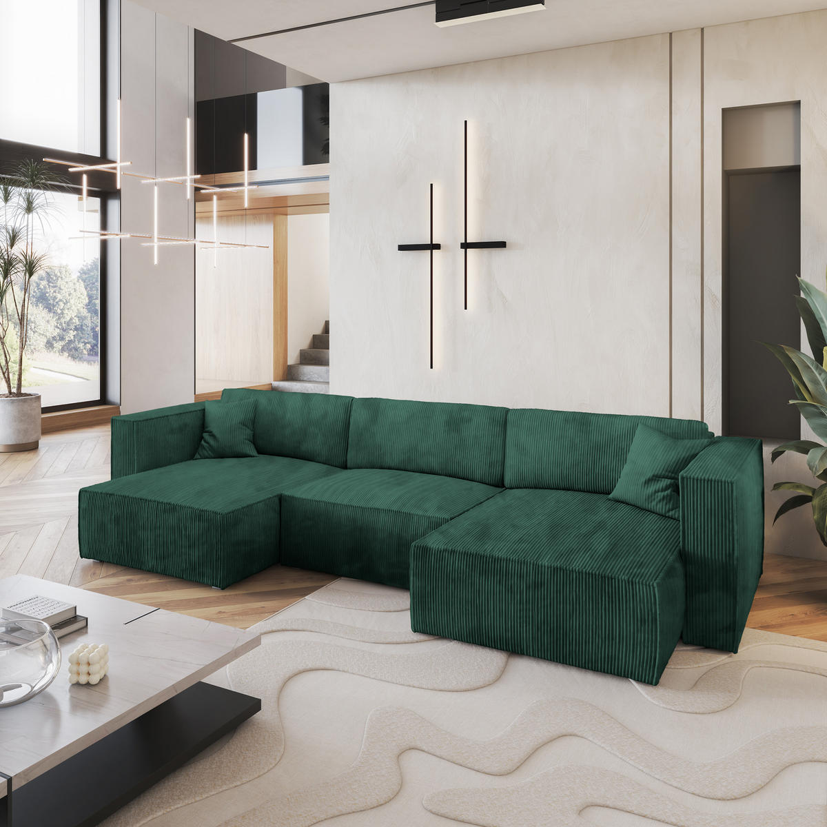 WOHNLANDSCHAFT SARMO P Grün Kordstoff mit Schlaffunktion - Grün, Holz (347/70/148cm) - MASSENO