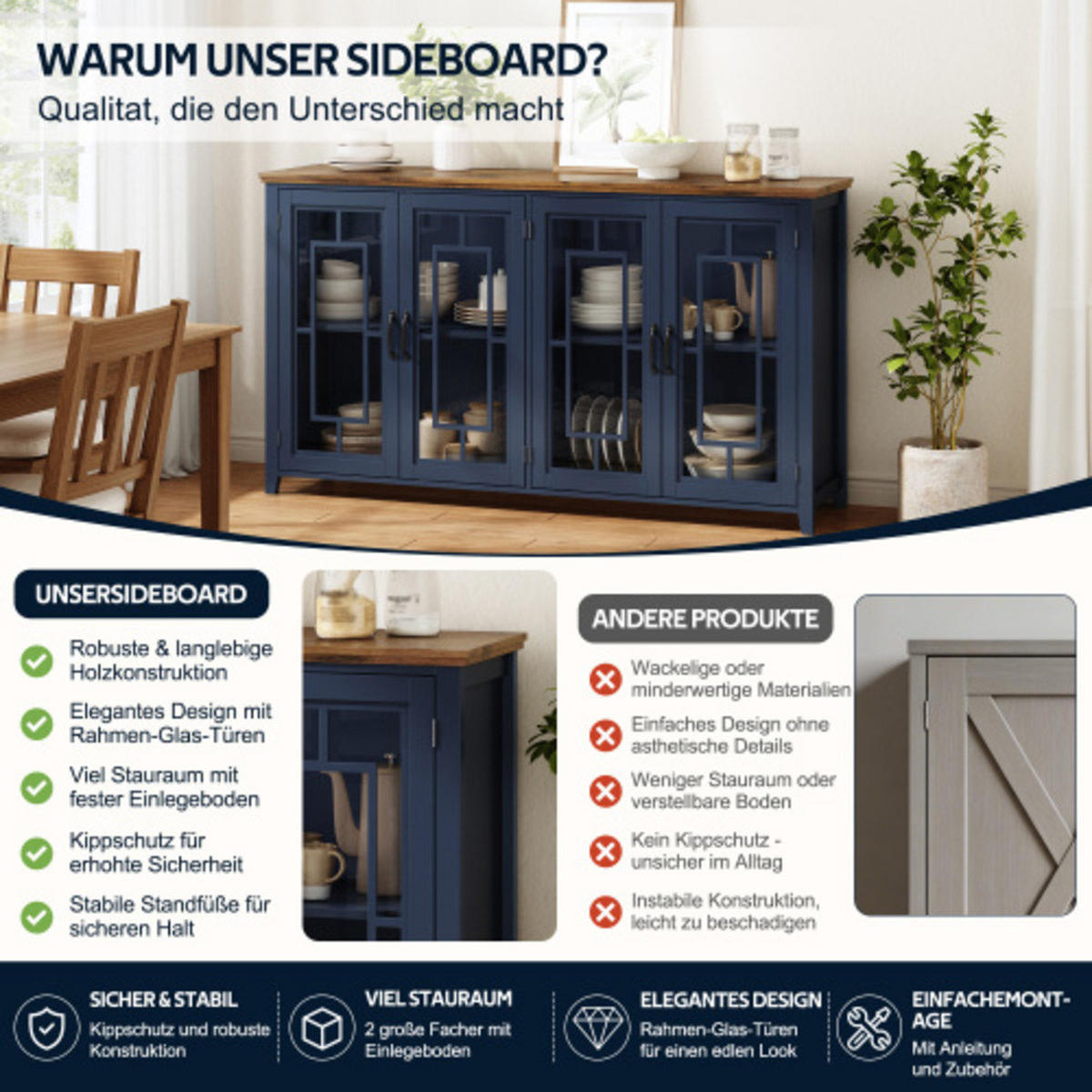 SIDEBOARD Blau aus MDF mit Retro-Holzmaserung-Platte 160 × 40 × 86 cm - Blau, Holzwerkstoff (160/86/40cm) - Luhomfu