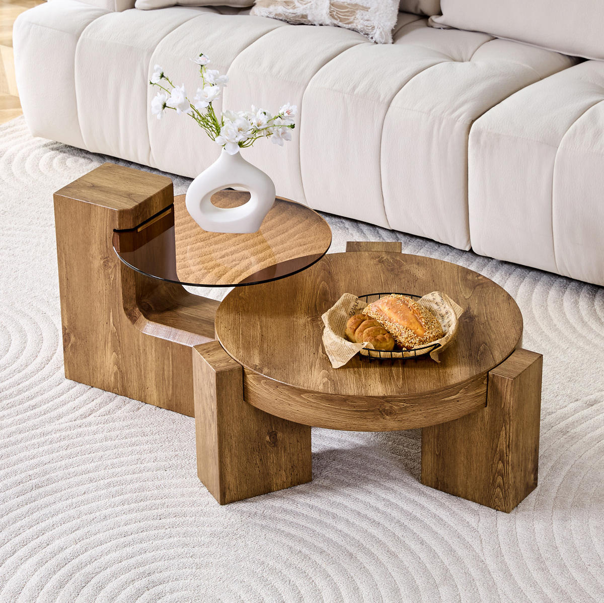 COUCHTISCH-SET 61/44 cm aus MDF und Glas, 2-teilig mit Ablage - Naturfarben, Holzwerkstoff (61/61/36cm) - Flora Grace