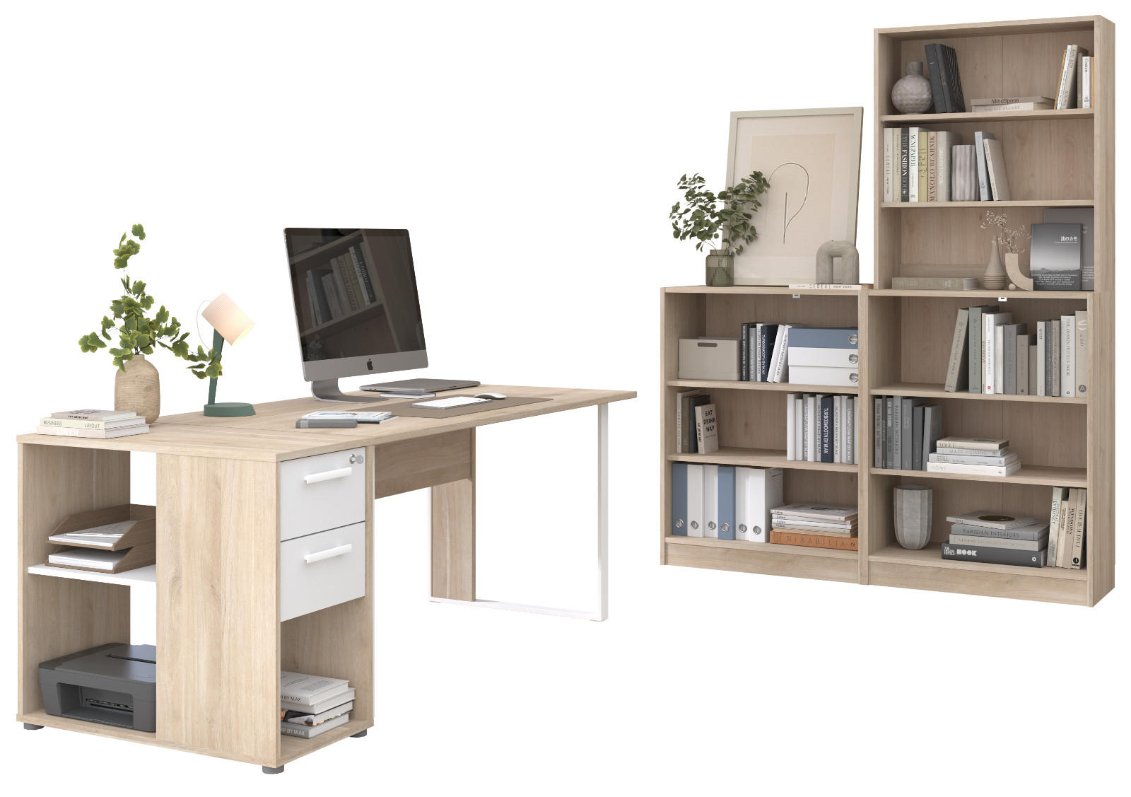 BÜROMÖBEL-SET Eiche japanisch, weiß, Schreibtisch-Kombination mit viel Stauraum - Eichefarben/Weiß, Holzwerkstoff/Kunststoff (80/150/104cm) - Parisot Meuble