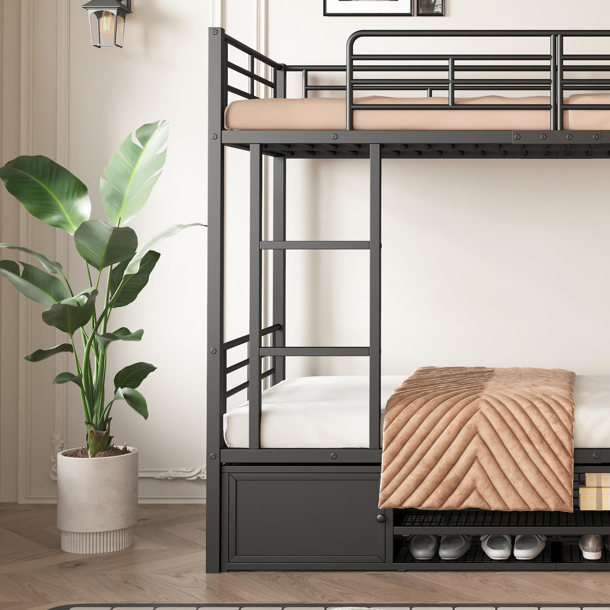 ETAGENBETT aus Metall 90x200 cm Schwarz mit Schuhablage, 2 Schränken, Leiter und Fallschutz - Schwarz, Metall (90/200cm) - IVMEU