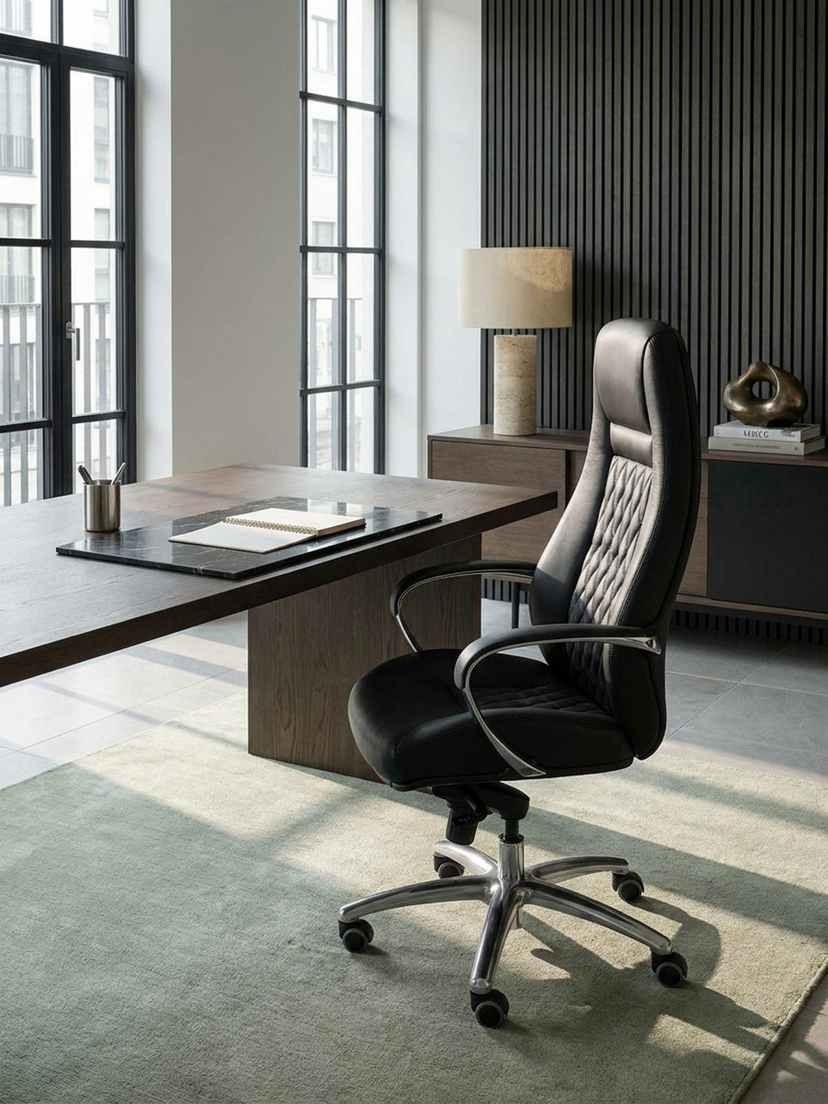 CHEFSESSEL Echtleder mit Aluminiumfußkreuz und ergonomischer Sitzform MADRID, Schwarz 70x68x130 cm - Silberfarben/Schwarz, Leder/Metall (70/130/68cm) - KADIMA DESIGN