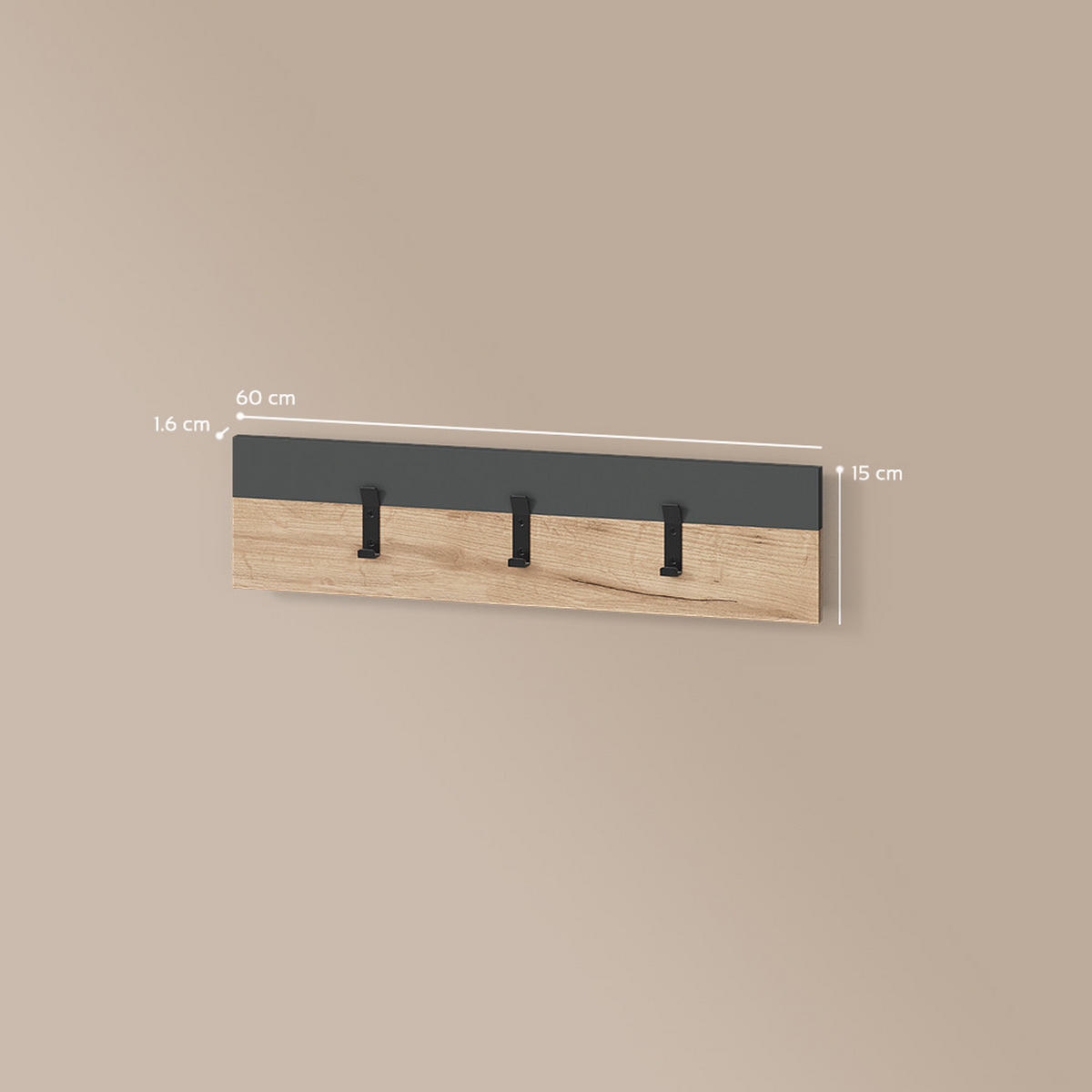 WANDGARDEROBE Ortello Anthrazit/Goldkraft Eiche 60 x 15 cm - Honigeiche/Anthrazit, Holzwerkstoff (60/15/1.6cm) - Livinity®