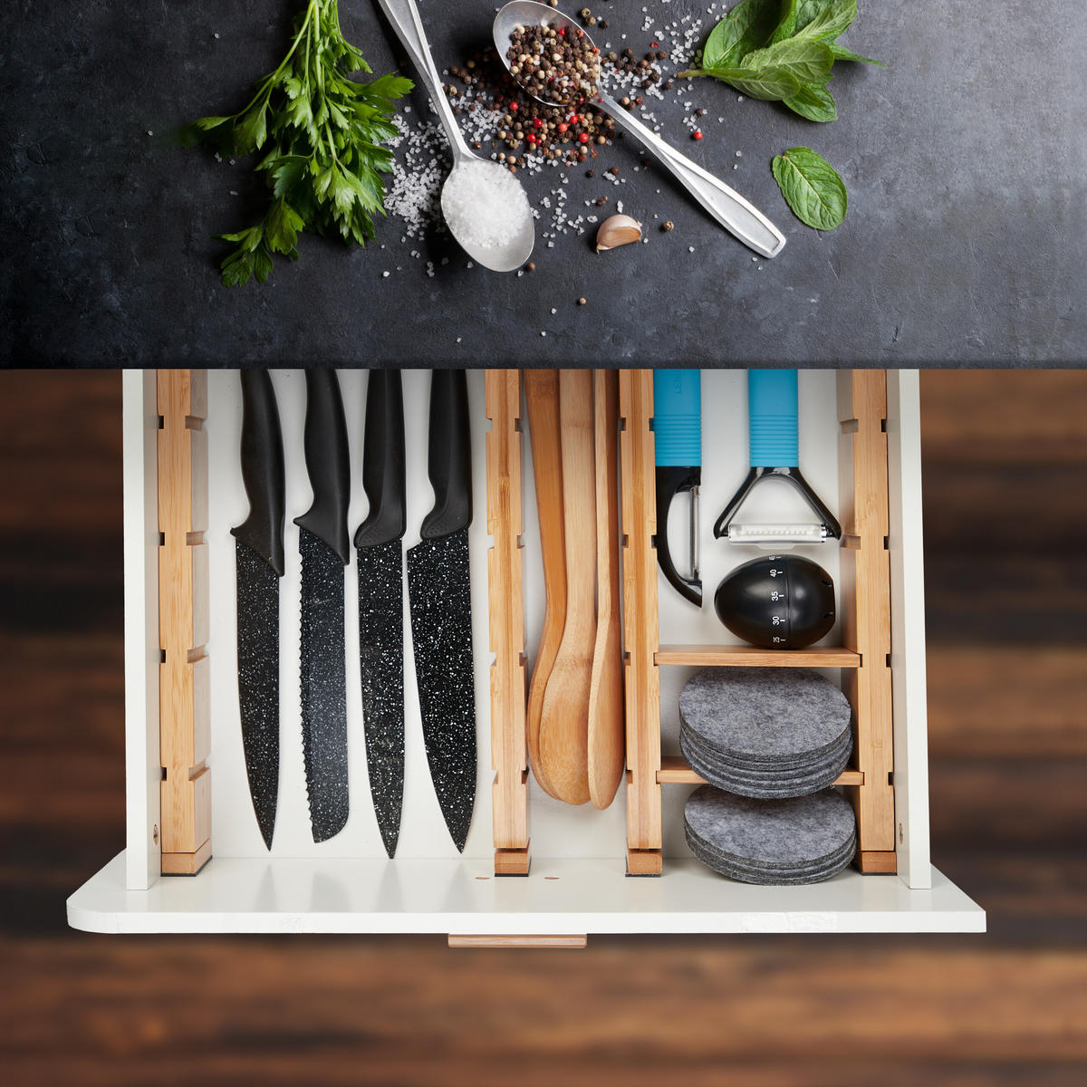 LÅDINDELARE Natur 13-delars-set bambu justerbar 34 cm - Ljusbrun, Trä (43.5/6/1.5cm) - Relaxdays