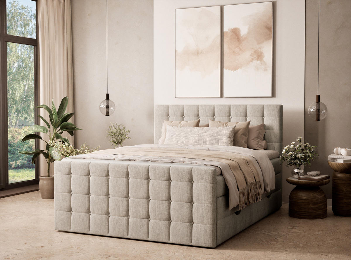 BOXSPRINGBETT Tasca 140/200 cm, in Beige, Bettkasten, Matratze, Topper - Beige/Schwarz, Holz/Holzwerkstoff (140/200cm) - Maison de Reve