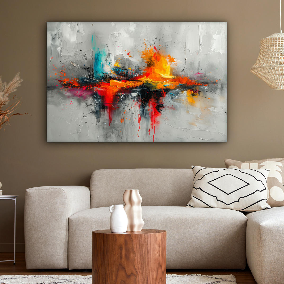 LEINWANDBILD Moderne Kunst - Orange - Grau - Abstrakt Wohnzimmer 120x80 cm - Hellgrau, Textil (120/80cm) - MuchoWow
