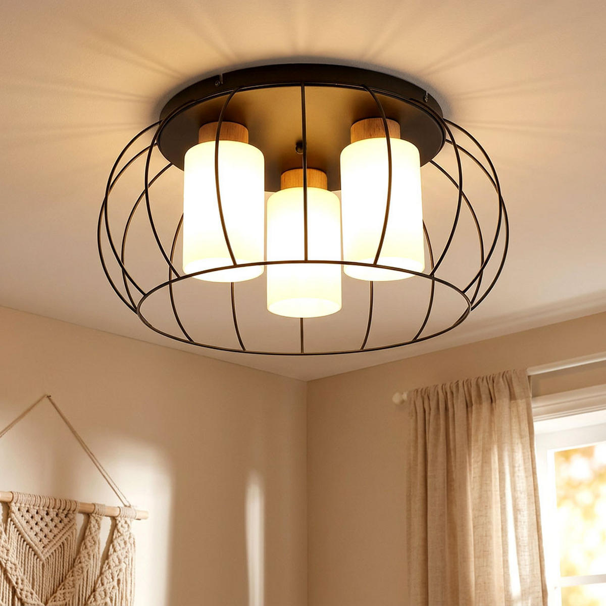 DECKENLEUCHTE ROWENA Metall Schwarz Matt, Holz Eiche - Schwarz, Holz (50/50/25cm) - Globo Lighting