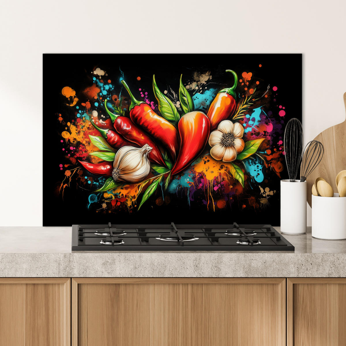 SPRITZSCHUTZ KÜCHE Gemüse - Paprika - Knoblauch - Graffiti - Farbe - Bunt 90x60 cm - Rot, Metall (90/0.3/60cm) - MuchoWow