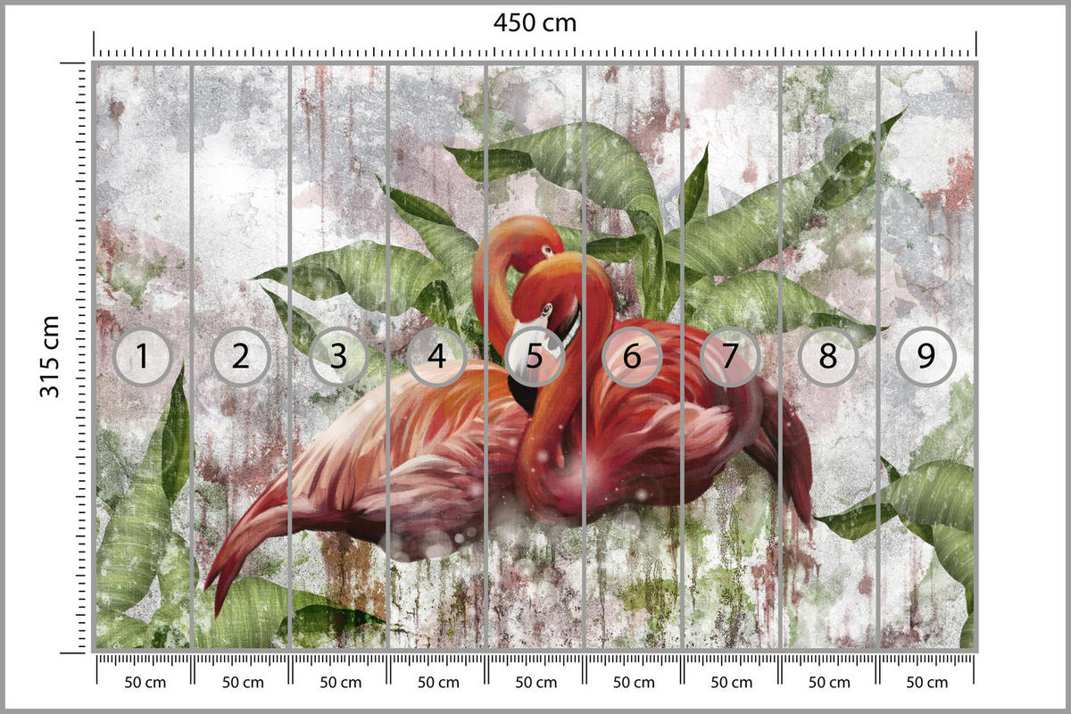 FOTOTAPETE für Schlafzimmer Abstrakte Flamingos Beton Tropische Blätter Palmen Natur 450x315 - Multicolor, Papier (450/315cm) - Muralo