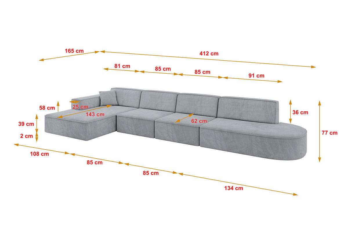 ECKSOFA Ottomane Links IREA-L3-v4 - 412x165x77 cm Grau - Titanfarben, Holzwerkstoff/Textil (412/165cm) - ALTDECOR
