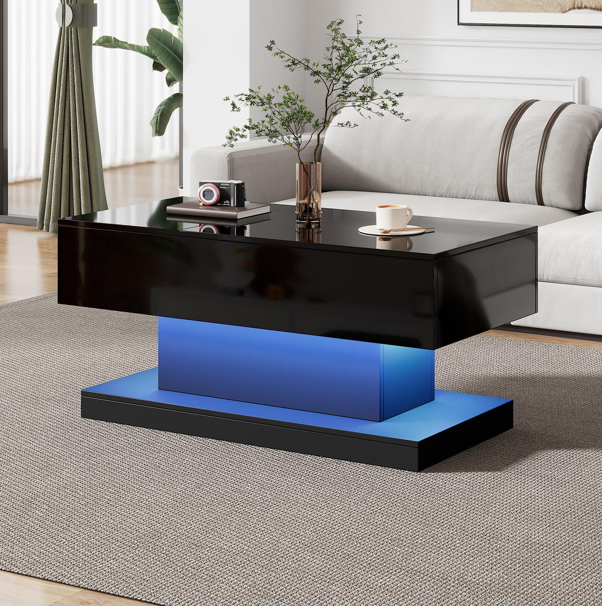 COUCHTISCH, Hochglanz schwarz, hydraulisch liftbar, Platte seitlich verschiebbar, mit LED & Stauraum, 100/50/45 cm,schwarz - Schwarz, Holzwerkstoff (100/50/45cm) - Redom