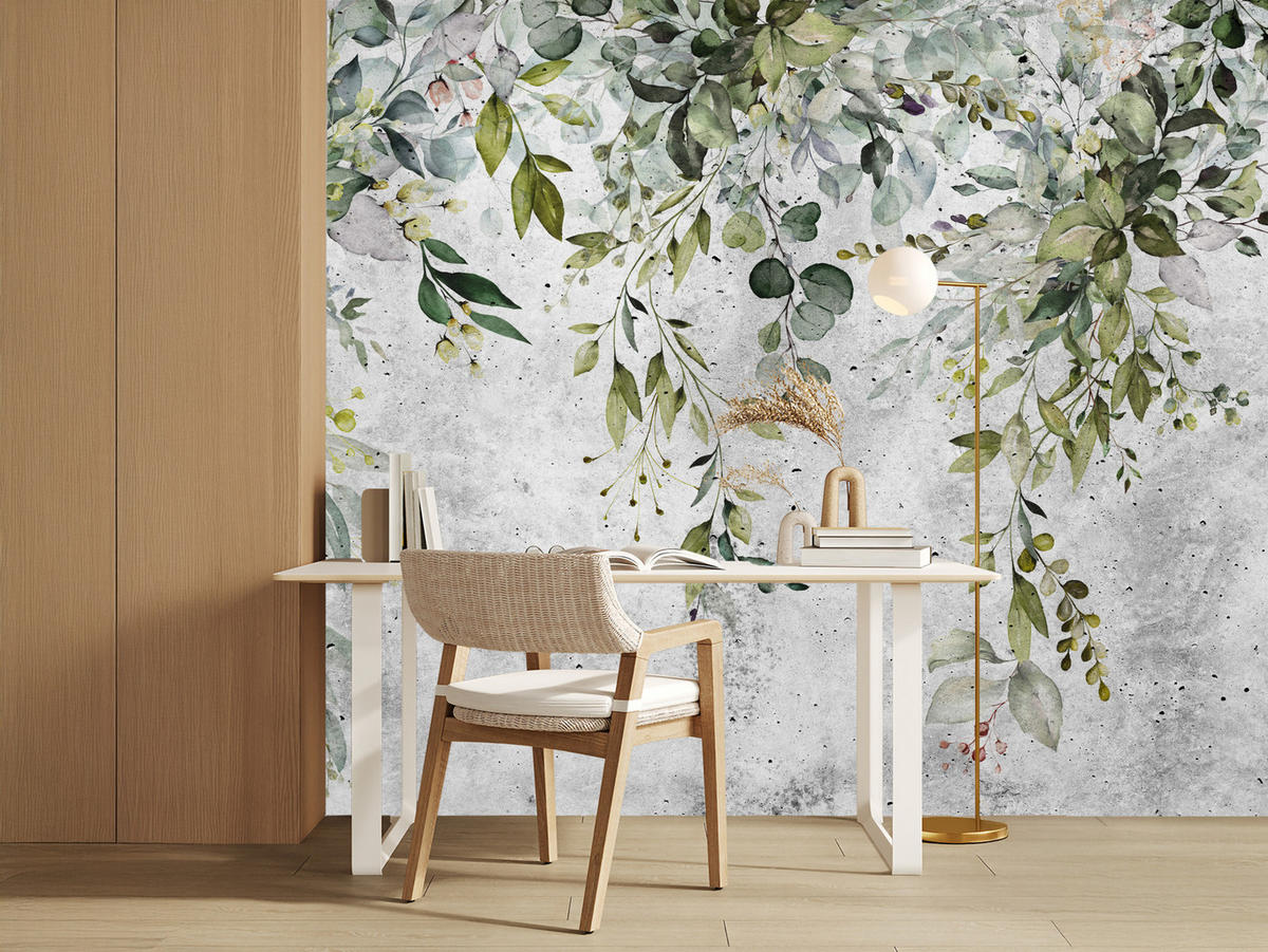 FOTOTAPETE Blätter auf Beton Abstraktion Vintage 350x256 - Grau/Grün, Papier (350/256cm) - Muralo