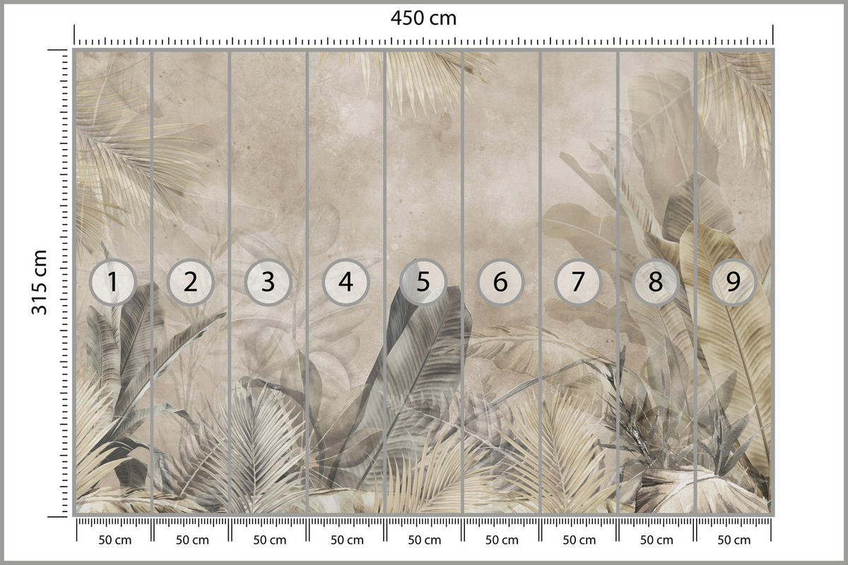 FOTOTAPETA Pre Spálňu Banánové Listy Na Betóne Tropická Béžová 450 x 315 cm - hnedá/sivá, papier (450/315cm) - Muralo