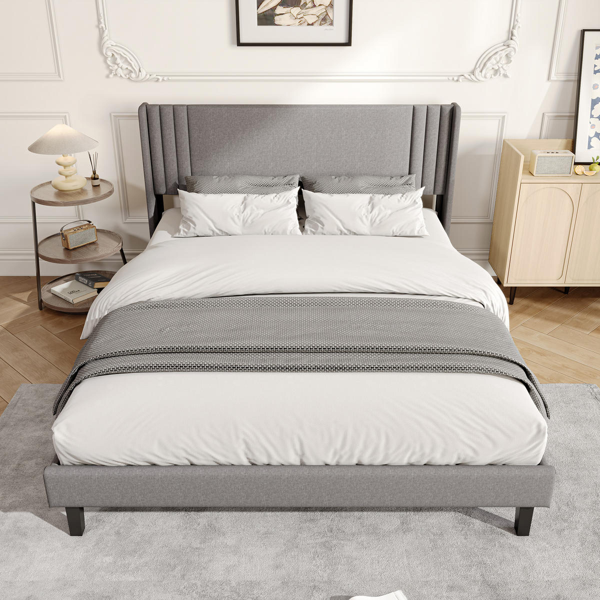 POLSTERBETT 160x200cm grau Leinenoptik, gepolstertes Designbett - Grau, Holz