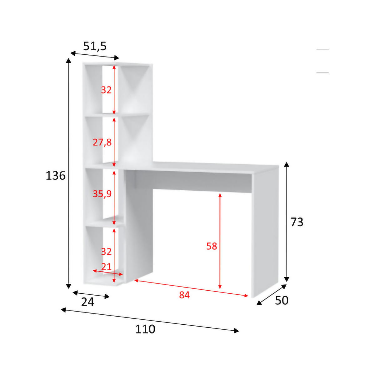 SCHREIBTISCH Weiß, Eiche 52/110/136 cm - Weiß, Holzwerkstoff (52/110/136cm) - DMORA