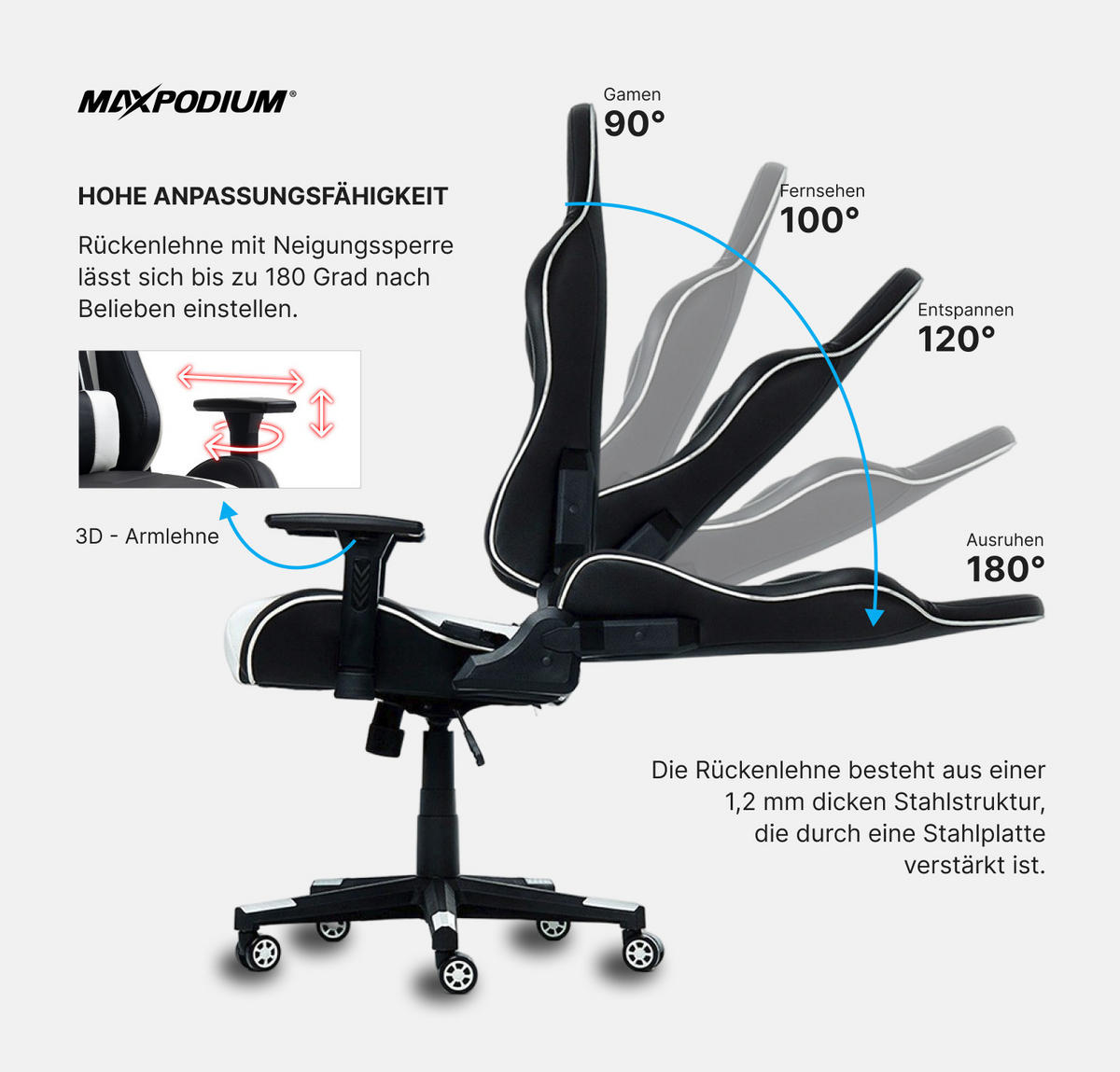 GAMING-STUHL Tactical Schwarz Weiß - Weiß, Metall (55/137/50cm) - MaxPodium