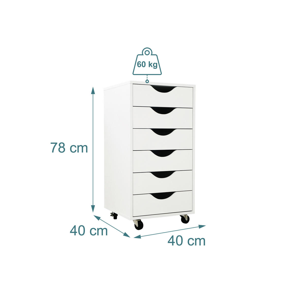 ROLLCONTAINER Weiß 6 Schubladen MDF 78 cm - Weiß, Holzwerkstoff/Kunststoff (40/78/40cm) - Relaxdays