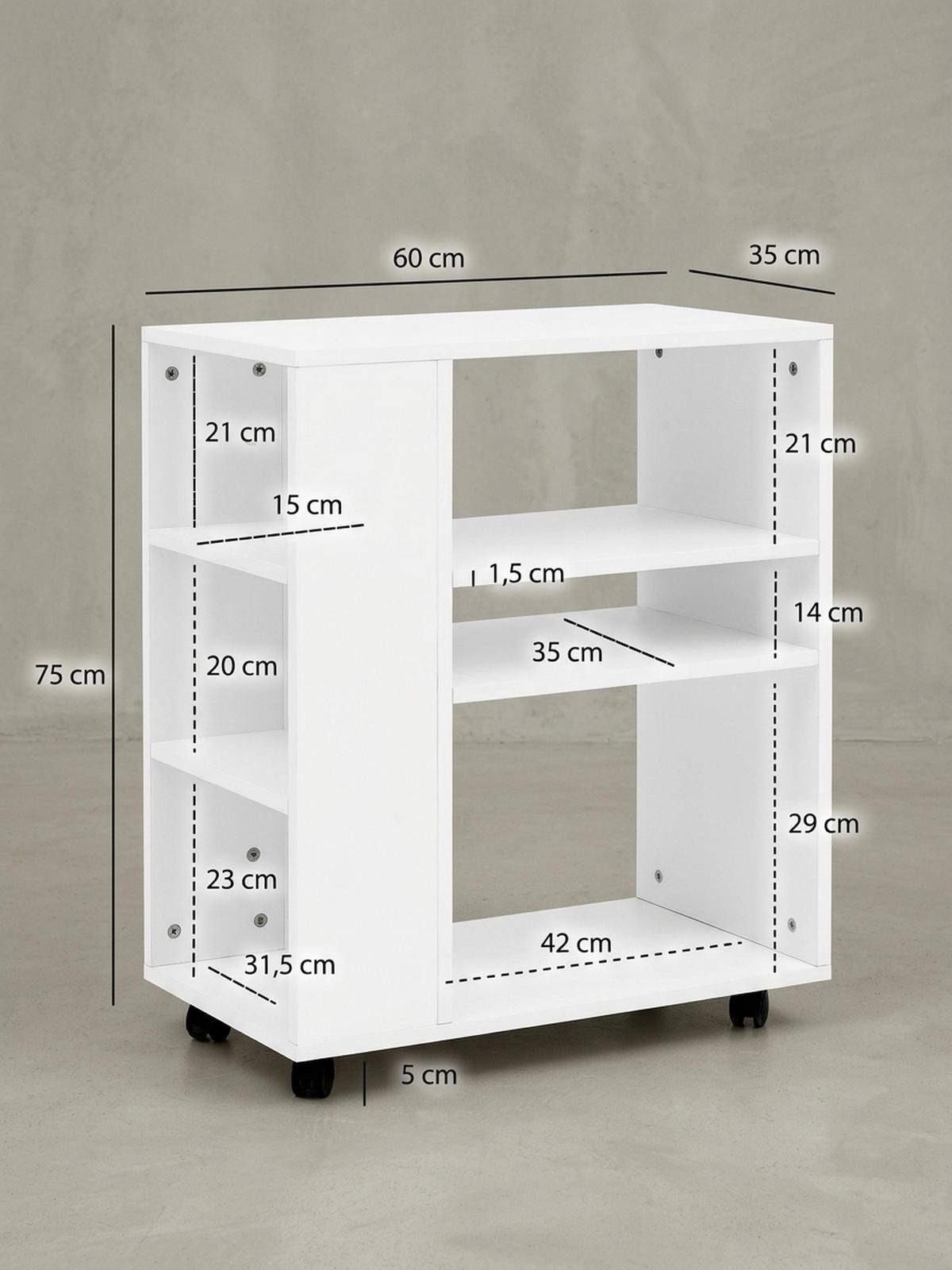 REGAL Multifunktional Mit Rollen Modern BRENTA, Weiß 60x35x75 cm - Weiß, Holz/Kunststoff (60/75/35cm) - KADIMA DESIGN