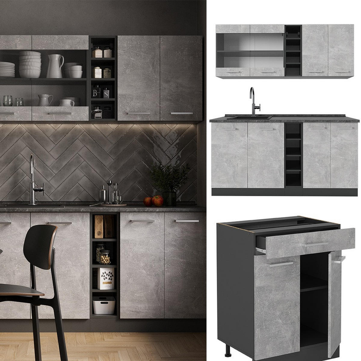 JEDNOTKOVÁ KUCHYNĚ R-Line Beton/antracit - šedá/antracitová, kompozitní dřevo (160/81.6/60cm) - Vicco