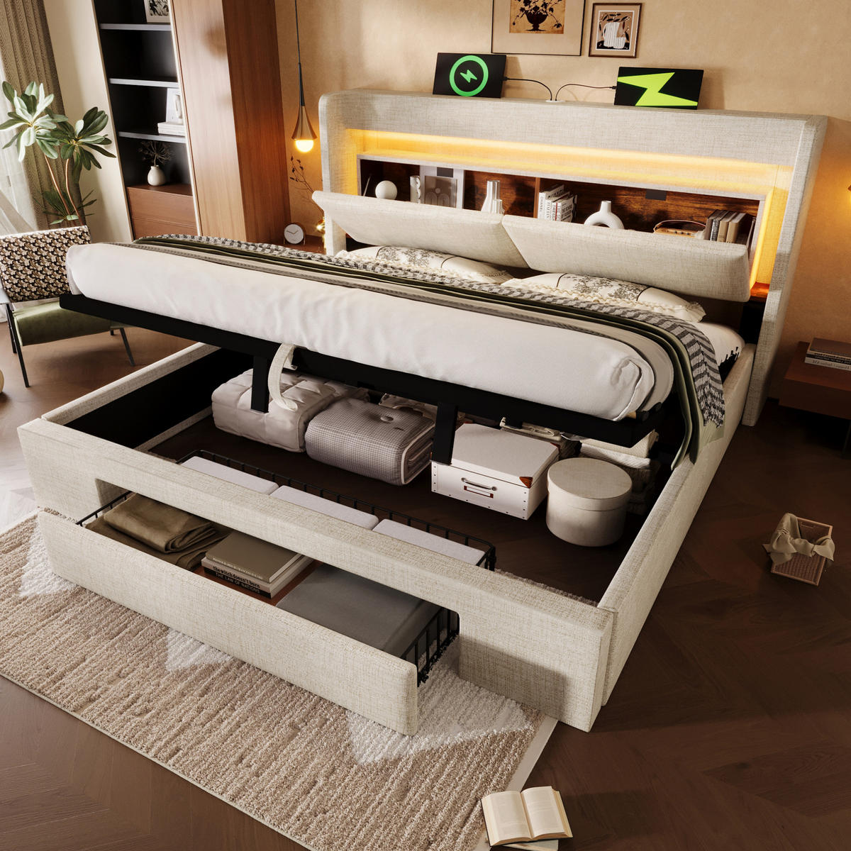 POLSTERBETT mit Stauraum 180x200 cm Beige Leinen USB und LED - Beige, Metall (180/200cm) - Meubliv