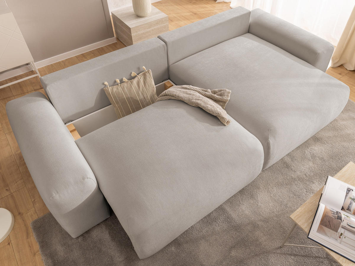 ECKSOFA Puffy mit Schlaffunktion und Bettkasten - besonders weich und puffig aus Beige Webstoff - Ottomane rechts - Beige/Schwarz, Holz/Kunststoff (266/138cm) - S-Style Möbel