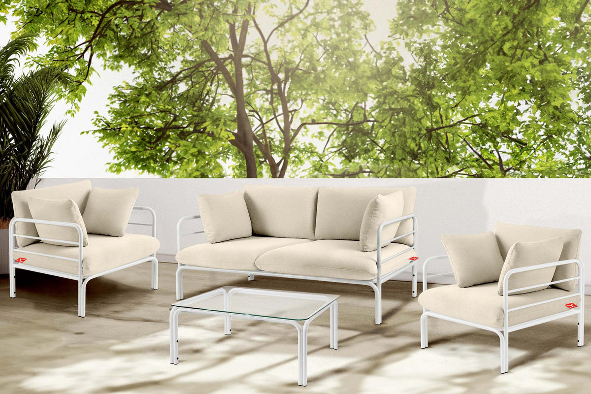 GARTENMÖBELSET RAMBE 4-tlg. 1x Tisch 2x Sessel 1x Sofa 2-Sitzer, mit Kissen, LOFT-STIL, Weiß/Cremeweiß - Creme/Weiß, Textil/Metall - KONSIMO®