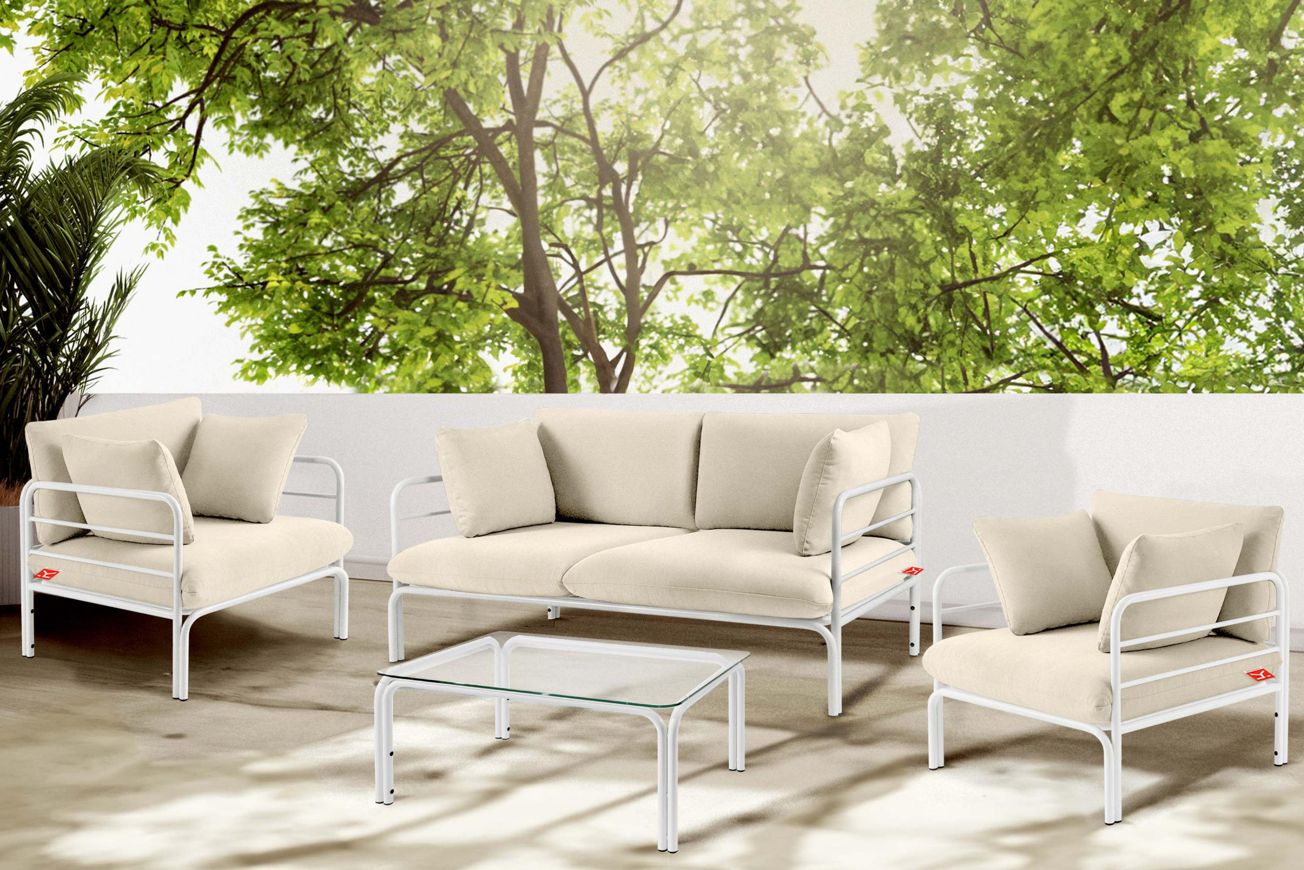 Thumbnail - Konsimo® Gartenmöbelset, Weiß, Creme, Metall, Textil, 4, 4-Sitzer, Füllung: Schaumstoff, rechteckig, Hergestellt in Euro...