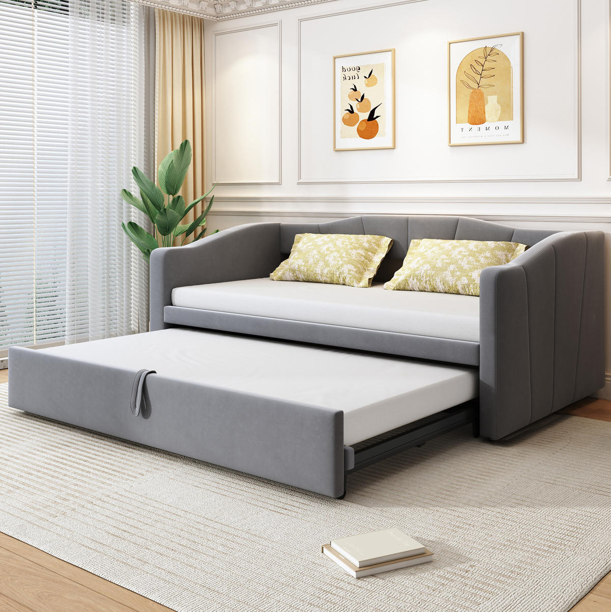POLSTERBETT Ausziehbares Schlafsofa 90/180 cm grau mit Lattenrosten - Grau, Textil (90/200cm) - OKWISH