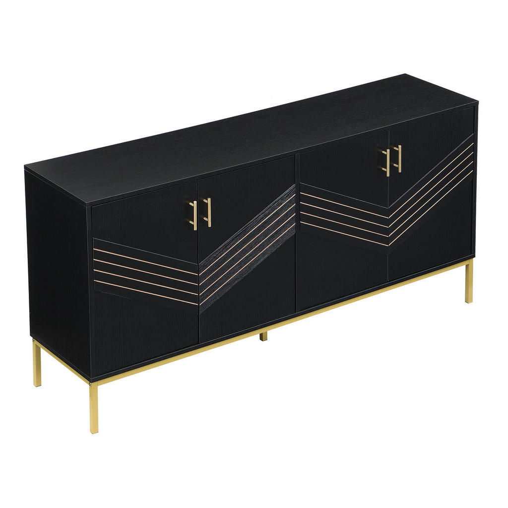 Modfu KOMODA z MDF 160x40x80,5 cm černá v dekoru dřeva se 4 dvířky, nastavitelnými policemi a kovovými nohami